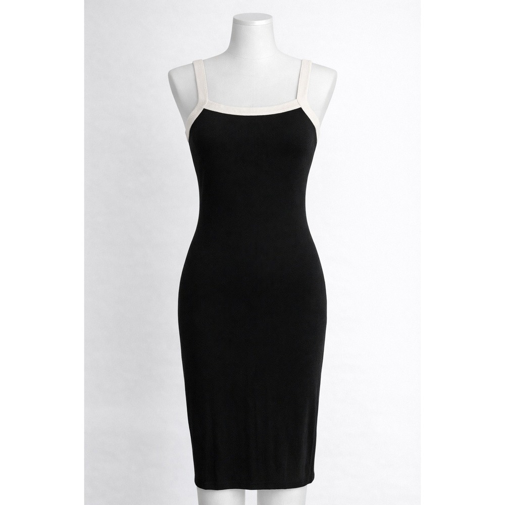 Antistar Ribbed Midi Dress‎ Womens XS Black White Contrast Trim Bodycon Rayon